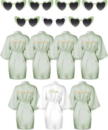 7 Pcs Bride Bridesmaid Robe Sets for Wedding Bridal Party Satin Robes Maid of Honor Robe with Heart Shaped Sunglasses - A-1 Thread Vault