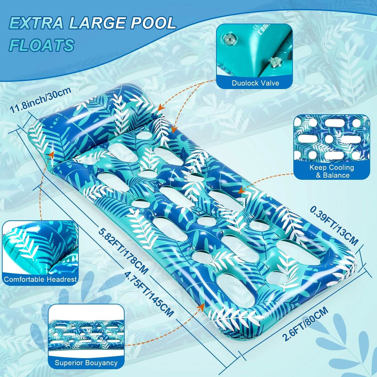 70" x 30" Inflatable Lounge Pool with Headrest - A-1 Thread Vault