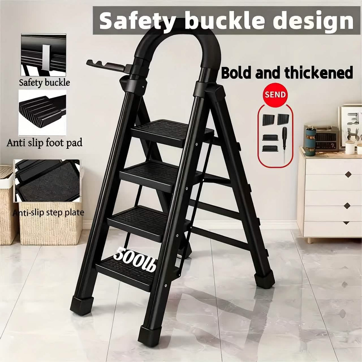 Folding 3/4-Step Ladder – Portable Steel Step Stool, Anti-Slip - A-1 Thread Vault