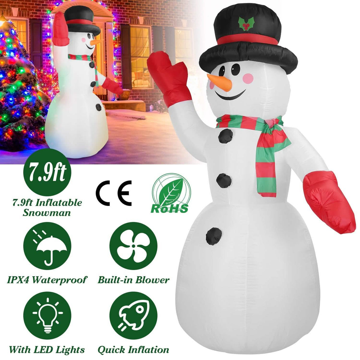 7.9ft Christmas Inflatable Giant Snowman Blow Up with LED Lights Hat Scarf - A-1 Thread Vault