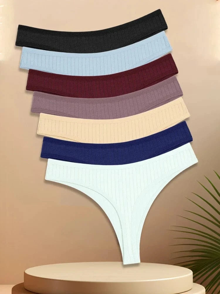 7PCS Women Cotton Striped Thongs Underwear Low Waist G-String Panties Sexy Breathable Solid Color T-Back Casual Bikini Lingerie - A-1 Thread Vault
