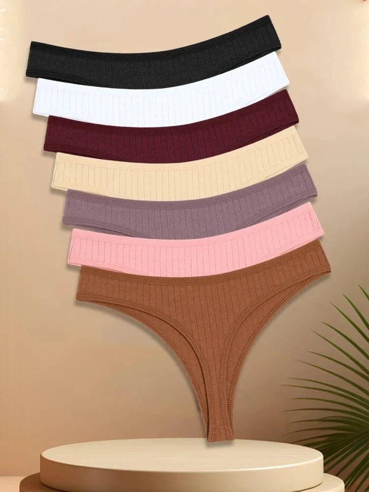 7PCS Women Cotton Striped Thongs Underwear Low Waist G-String Panties Sexy Breathable Solid Color T-Back Casual Bikini Lingerie - A-1 Thread Vault