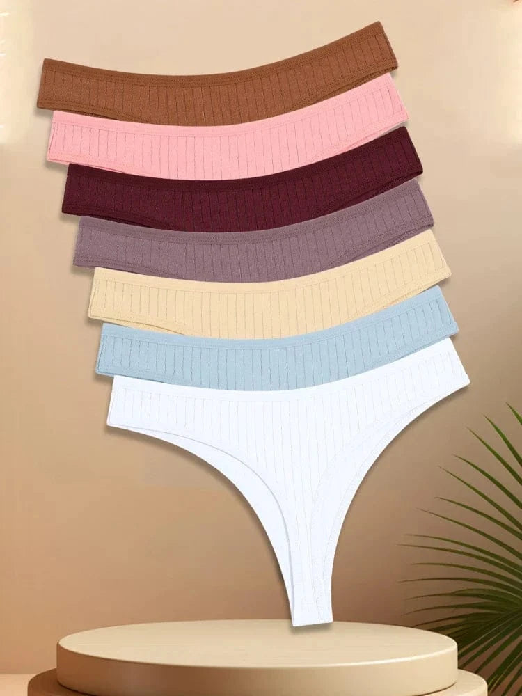 7PCS Women Cotton Striped Thongs Underwear Low Waist G-String Panties Sexy Breathable Solid Color T-Back Casual Bikini Lingerie - A-1 Thread Vault