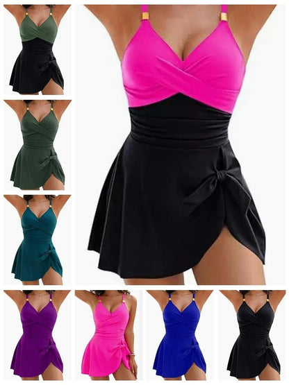 8 Colors Cute Women Swimdress Tummy Control Sexy One Piece Slim & Comfortable Ruched & Cross Swimwear Elastic Beachwear 2025 New - A-1 Thread Vault