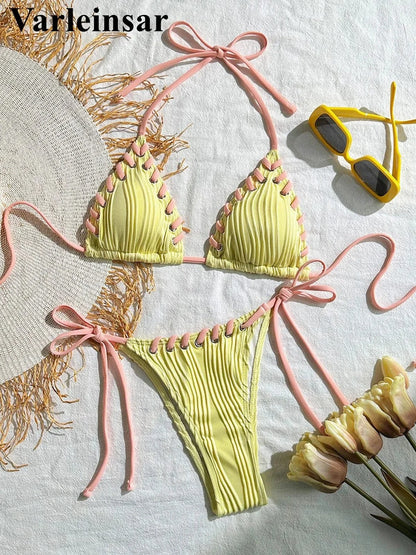 8 Colors Halter Ribbed High Leg Cut Bikini Female Swimsuit Women Swimwear Two-pieces Bikini set Bather Bathing Suit Swim V5541Y - A-1 Thread Vault