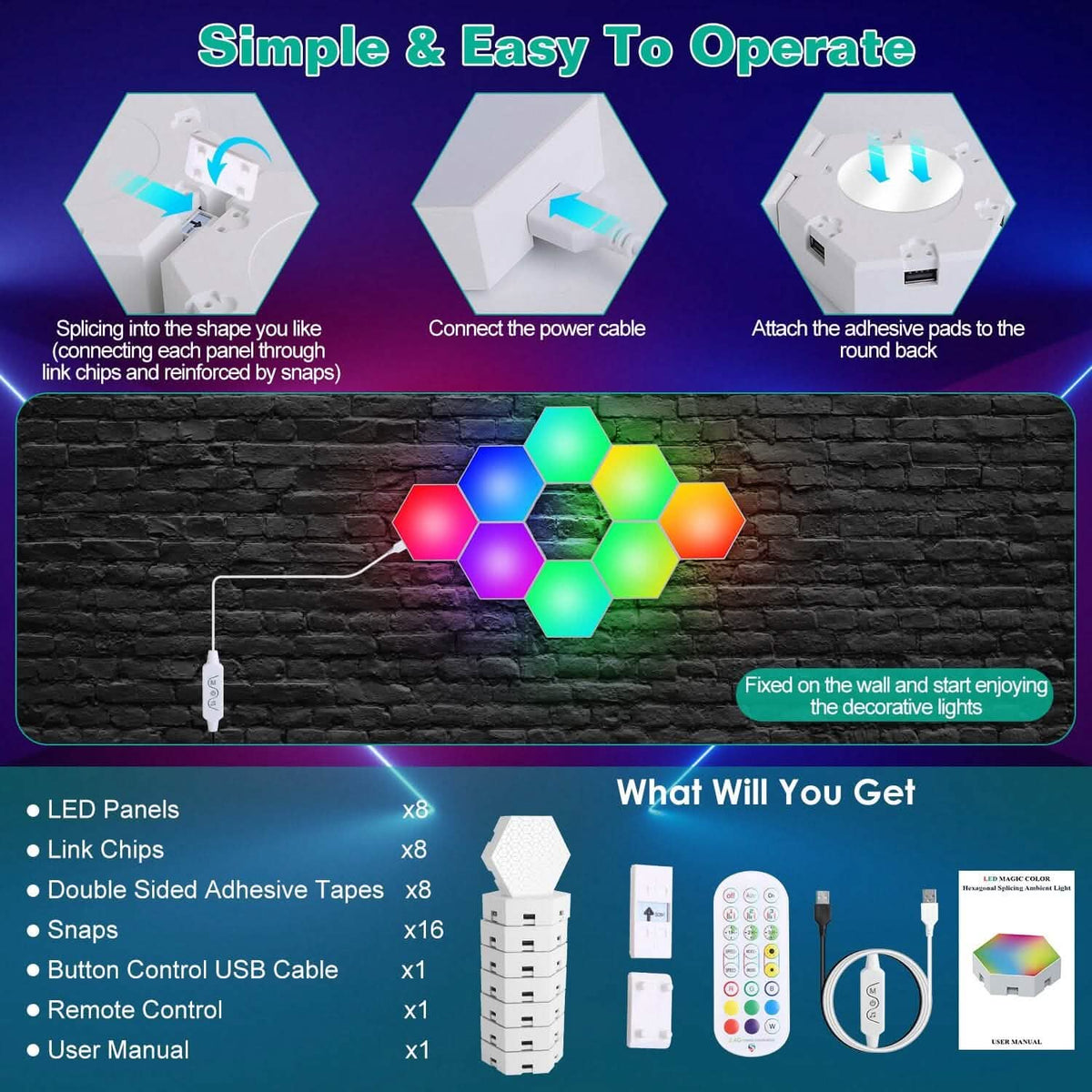 8-Piece: Hexagon Light Panels RGBW Colorful Splicing Wall Lamps - A-1 Thread Vault