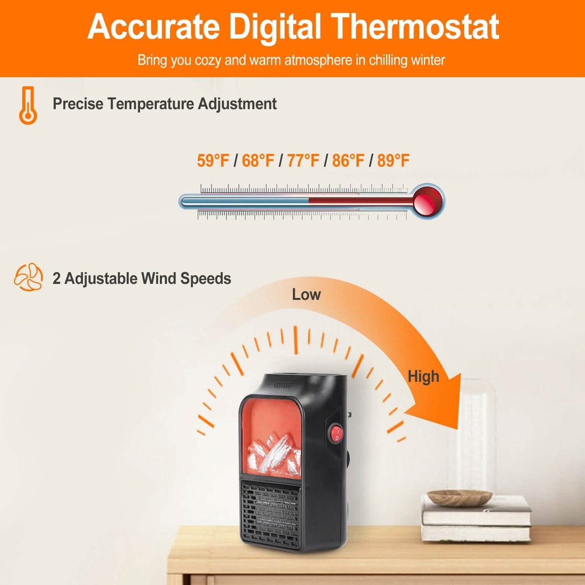 800w Plug-In Space Heater Wall Outlet with 360° Rotatable Plug - A-1 Thread Vault