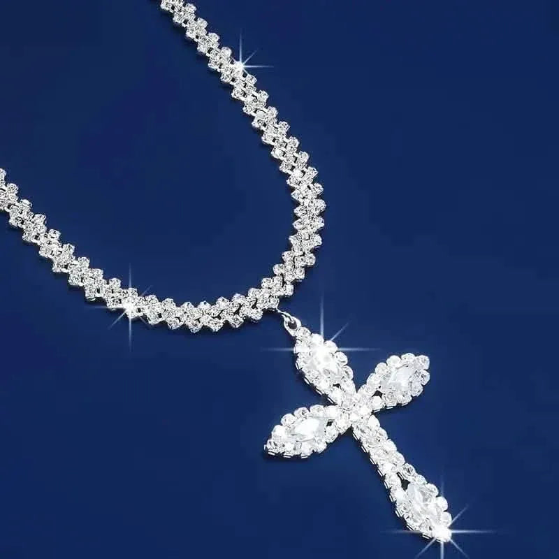 925 Sterling Silver Cross Pendant Necklace with Sparkling Rhinestone Embellishments - A-1 Thread Vault