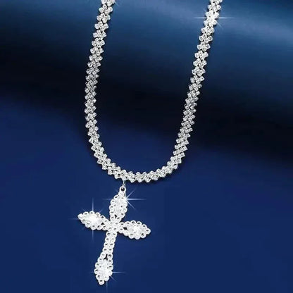 925 Sterling Silver Cross Pendant Necklace with Sparkling Rhinestone Embellishments - A-1 Thread Vault