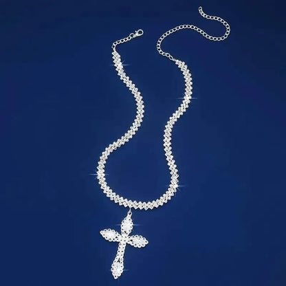 925 Sterling Silver Cross Pendant Necklace with Sparkling Rhinestone Embellishments - A-1 Thread Vault