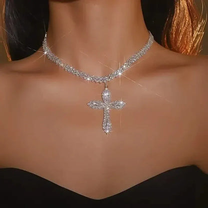 925 Sterling Silver Cross Pendant Necklace with Sparkling Rhinestone Embellishments - A-1 Thread Vault