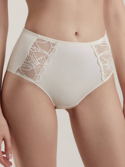 High-waisted cream-colored panties featuring intricate lace side panels and a smooth fabric front.