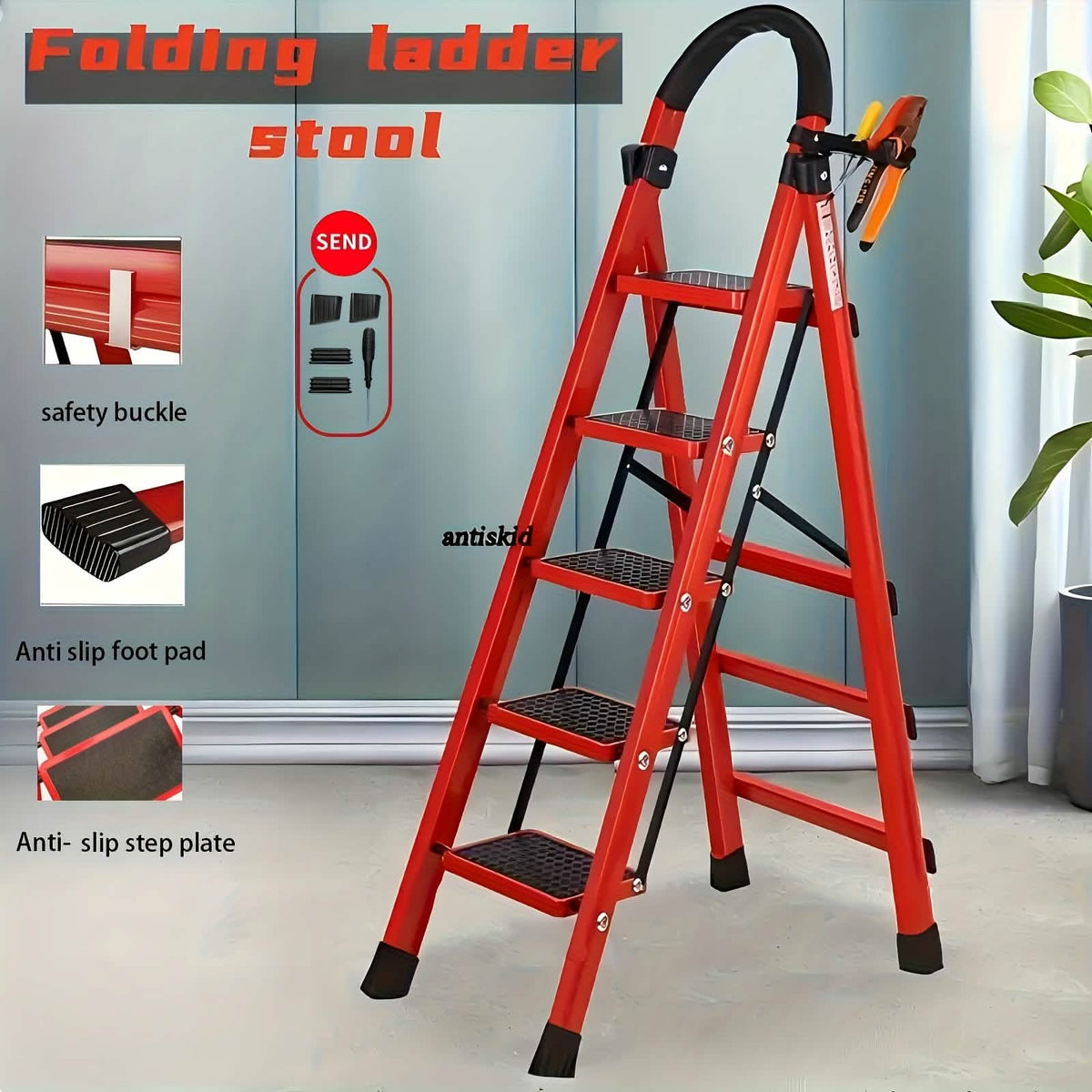 Folding 3/4-Step Ladder – Portable Steel Step Stool, Anti-Slip - A-1 Thread Vault