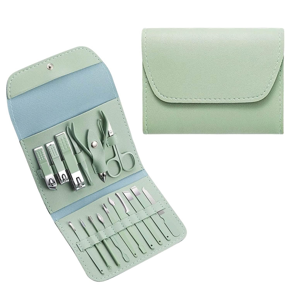 16-Piece: Stainless Steel Professional Manicure Pedicure Facial Set Grooming Kit with Leather Case - A-1 Thread Vault