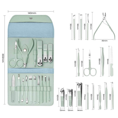 16-Piece: Stainless Steel Professional Manicure Pedicure Facial Set Grooming Kit with Leather Case - A-1 Thread Vault