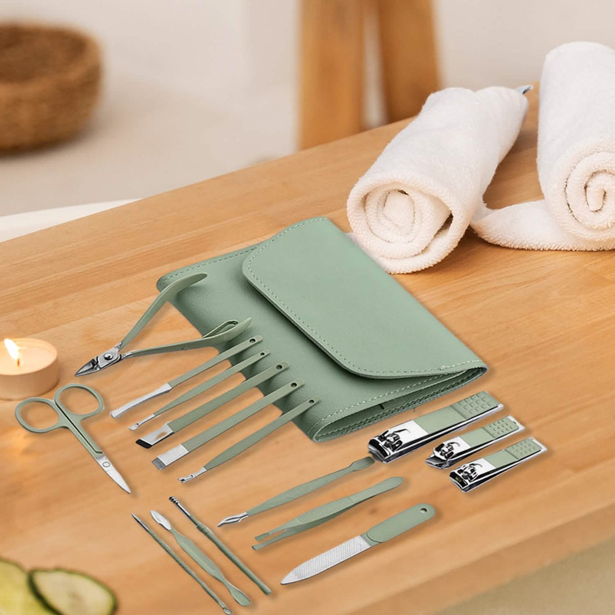 16-Piece: Stainless Steel Professional Manicure Pedicure Facial Set Grooming Kit with Leather Case - A-1 Thread Vault