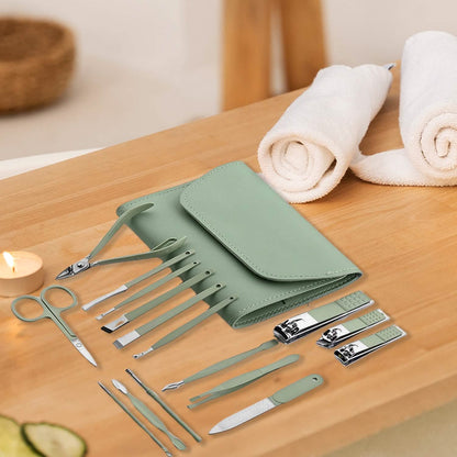 16-Piece: Stainless Steel Professional Manicure Pedicure Facial Set Grooming Kit with Leather Case - A-1 Thread Vault