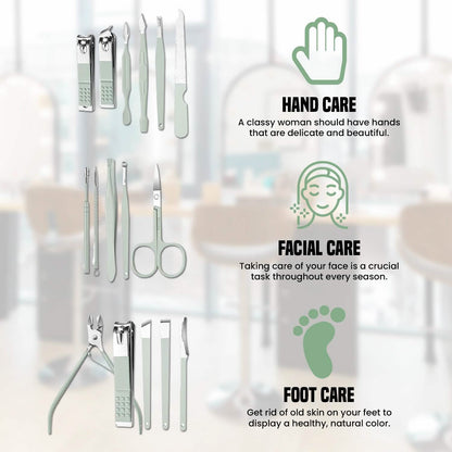 16-Piece: Stainless Steel Professional Manicure Pedicure Facial Set Grooming Kit with Leather Case - A-1 Thread Vault