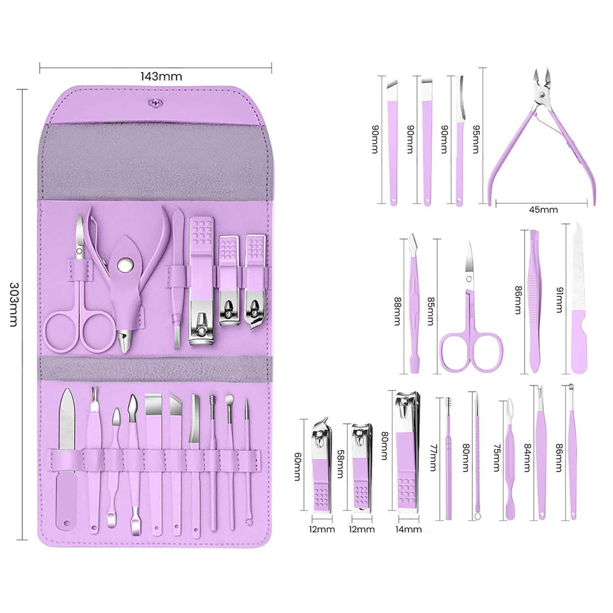 16-Piece: Stainless Steel Professional Manicure Pedicure Facial Set Grooming Kit with Leather Case - A-1 Thread Vault