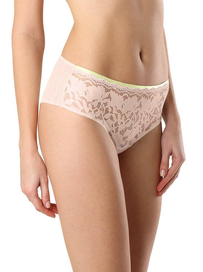 A pair of pale pink lace panties featuring a high-cut leg, a sheer lace front, and a thin lime green elastic waistband.