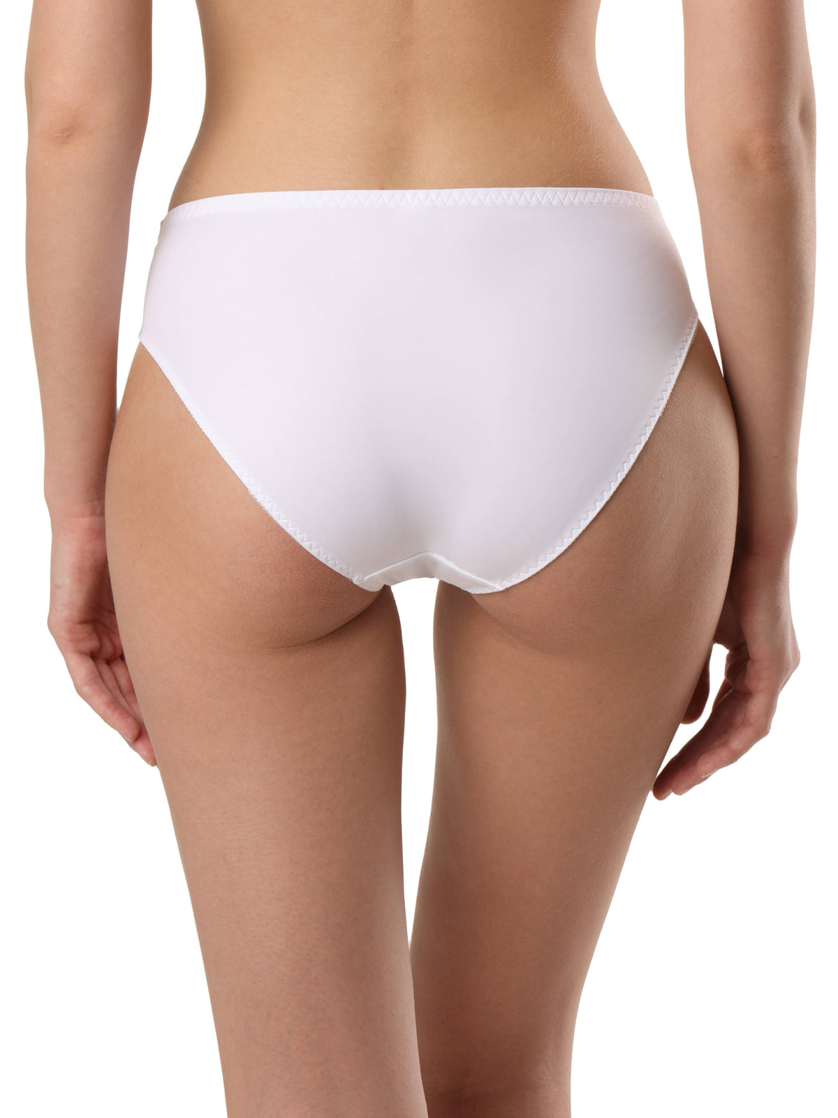 A pair of plain white bikini-style underwear viewed from the back on a person with a neutral background.