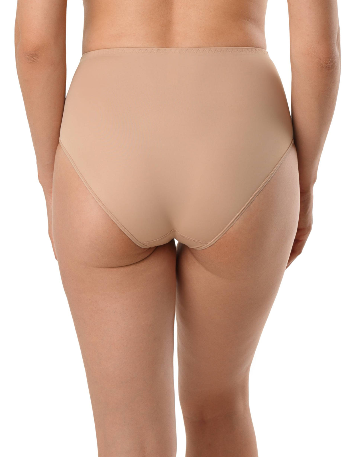 A pair of high-waisted beige briefs shown from the back on a person with a neutral background.