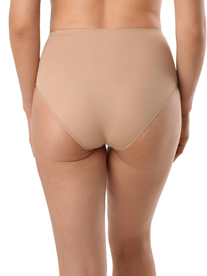 A pair of high-waisted beige briefs shown from the back on a person with a neutral background.