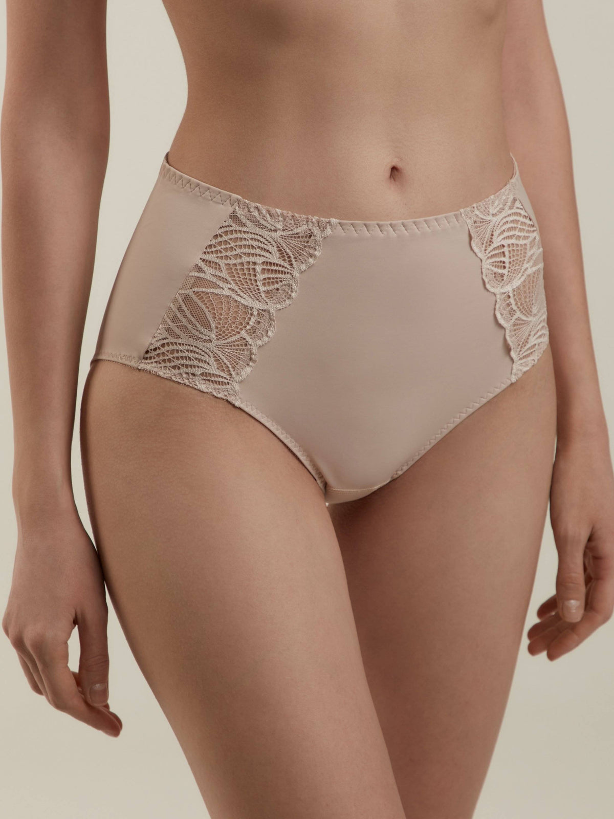 Beige high-waisted briefs with decorative lace paneling on the sides and a smooth, seamless finish.