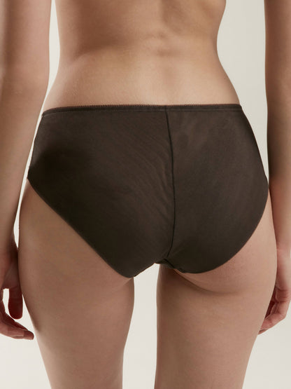 Dark brown full-coverage panties worn on a model, viewed from the back.