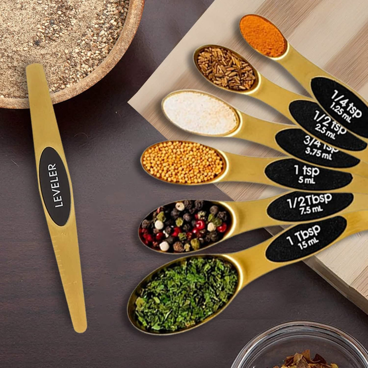 8-Piece: Double Sided Stackable Copper Magnetic Measuring Spoons Set with Leveler - A-1 Thread Vault