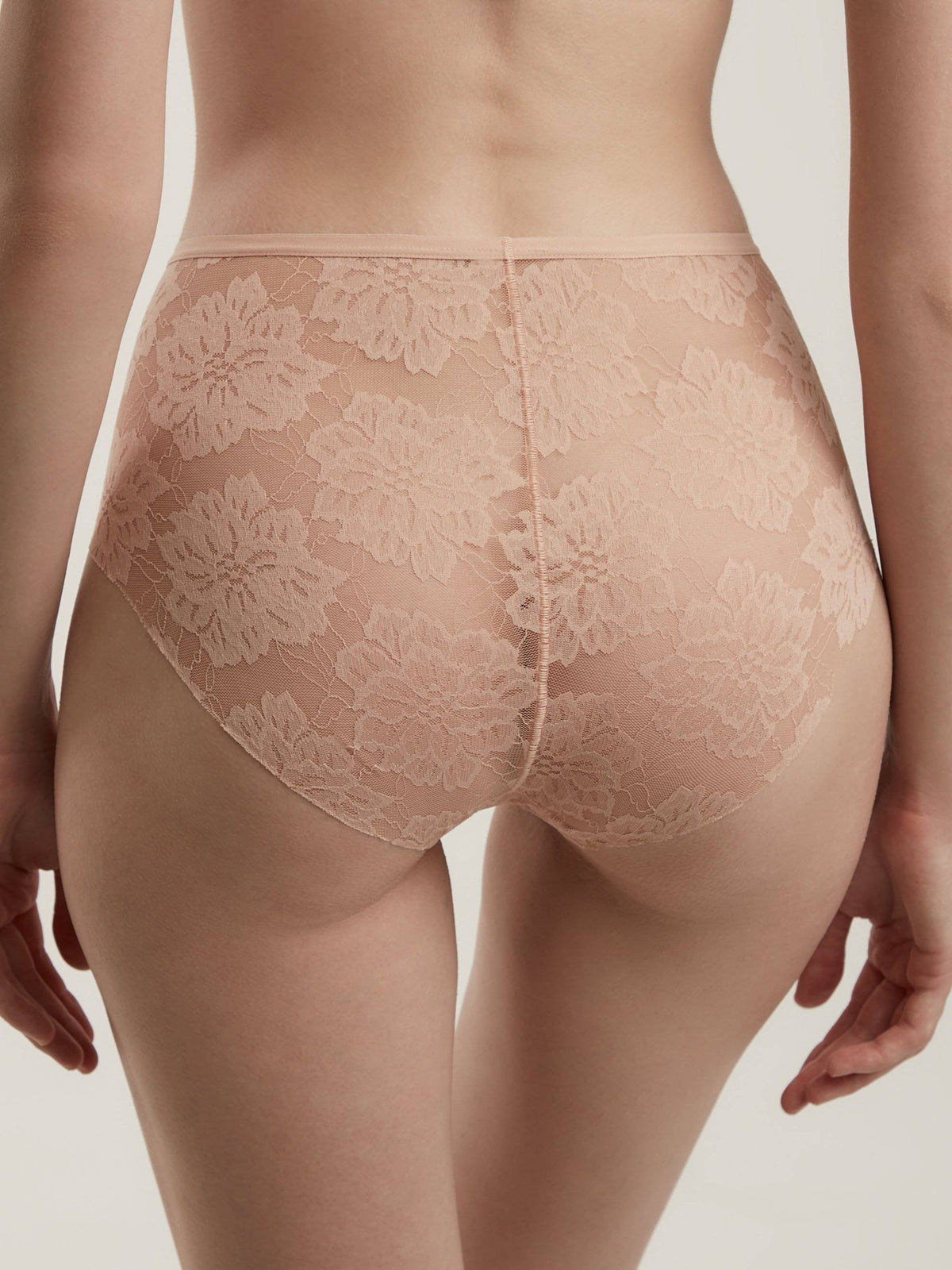 Nude-colored lace panties with a floral pattern and high-waisted cut shown from the back on a person against a neutral background.