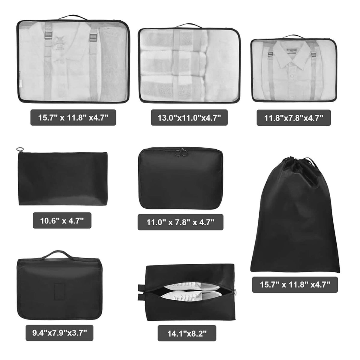 8-Pack: Lightweight Compact Organizing Packing Cubes for Suitcases Travel Essential with Toiletries Bag - A-1 Thread Vault