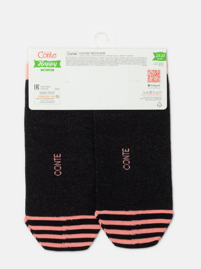 A pair of black women's socks with pink horizontal stripes at the toes and the word Conte written in pink on the heels, hanging from a branded display tag.