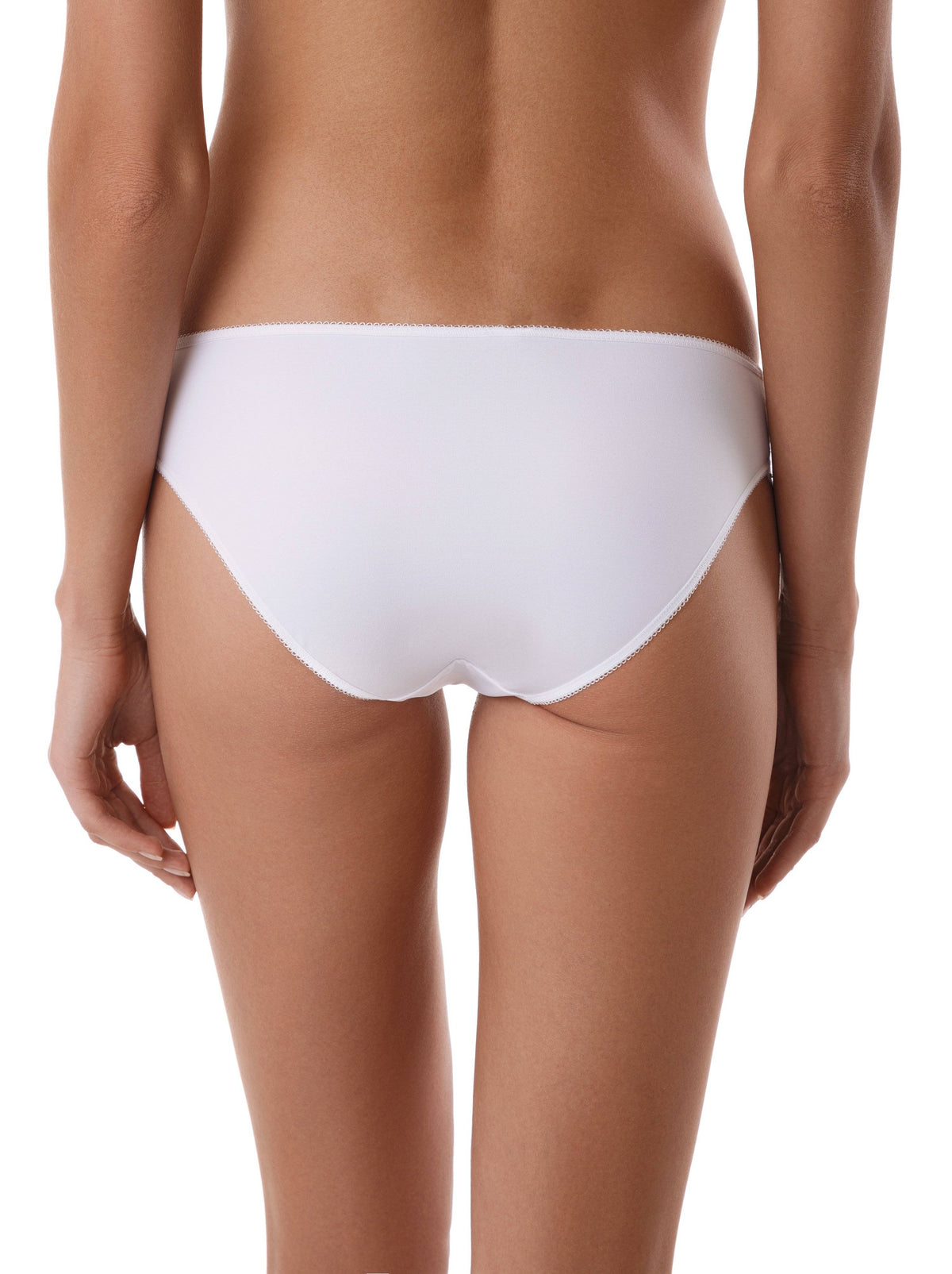 A pair of plain white women's briefs shown from the back, featuring a simple cut with delicate stitched trim along the edges.