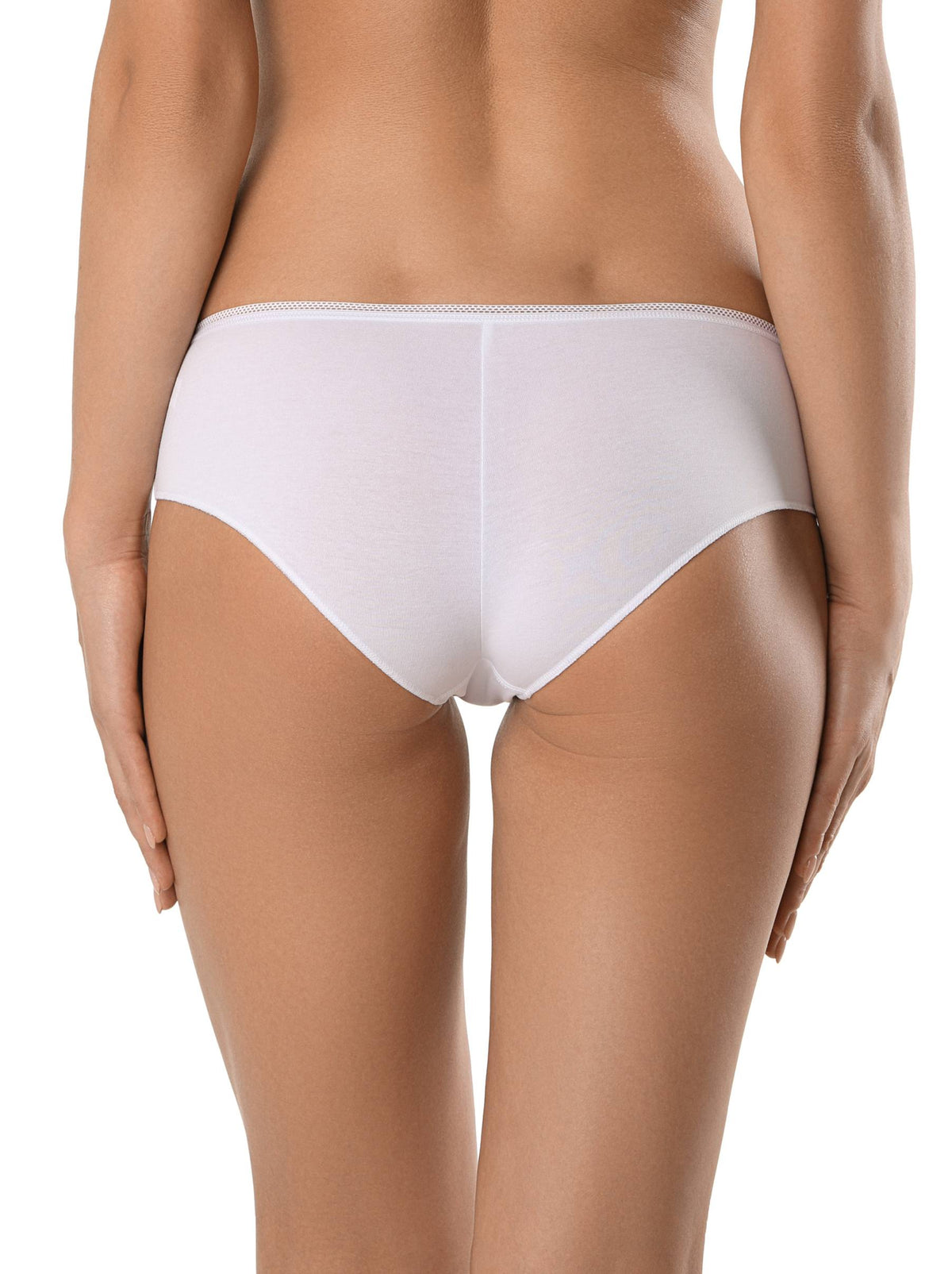White women's bikini-style underwear viewed from the back, featuring a simple seamless design and a subtle textured elastic waistband.