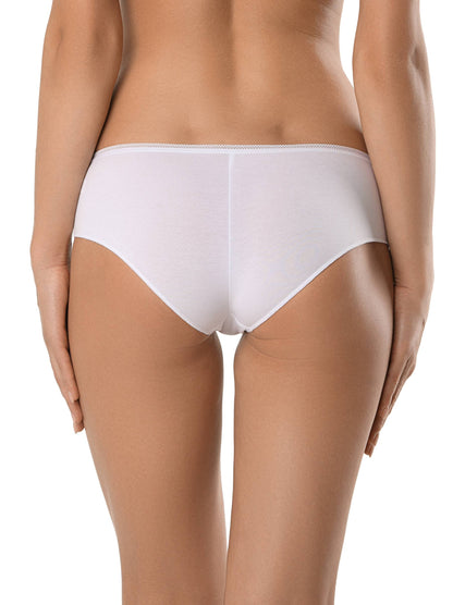 White women's bikini-style underwear viewed from the back, featuring a simple seamless design and a subtle textured elastic waistband.