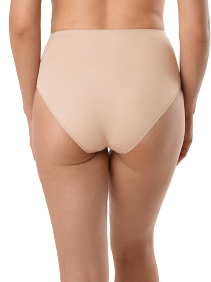 A pair of high-waisted beige briefs viewed from the back on a person, featuring a solid-colored smooth fabric and a classic full-coverage cut.