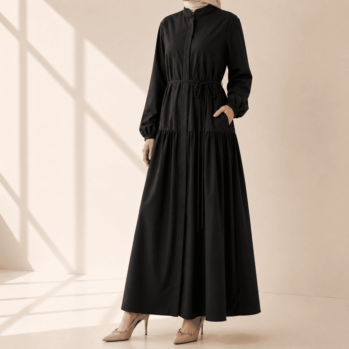 A-Line Trench Shirt Maxi Abaya Dress with Pockets (MA422) - A-1 Thread Vault