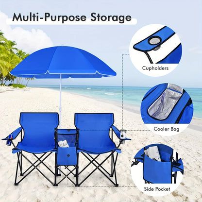 Folding Double Camping Chair with Umbrella (Blue) - A-1 Thread Vault