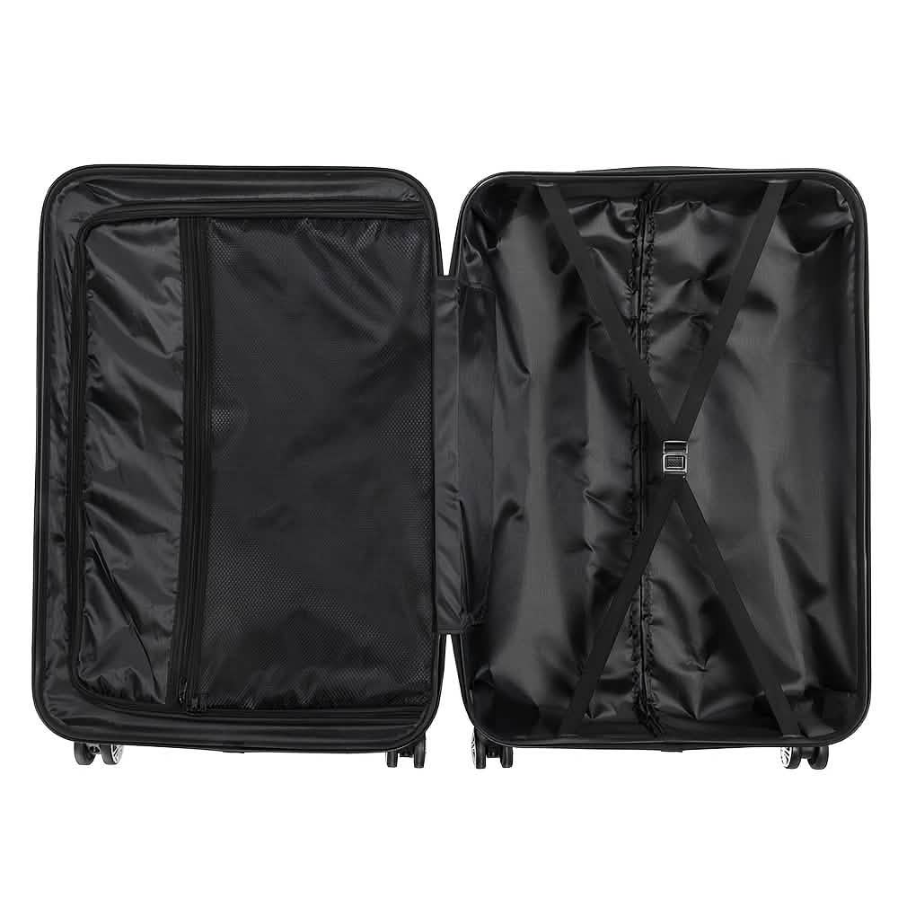 An open black suitcase with two interior compartments, one featuring a mesh zippered cover and the other with crisscross elastic compression straps.