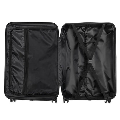 An open black suitcase with two interior compartments, one featuring a mesh zippered cover and the other with crisscross elastic compression straps.