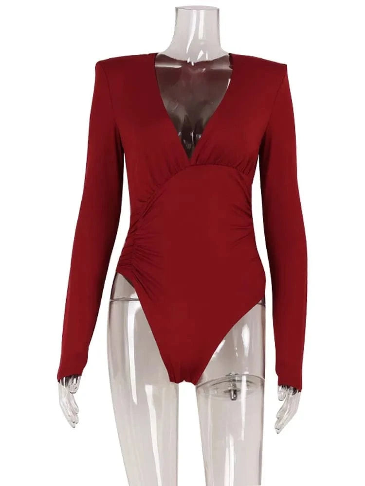 Ahagaga Fashion Women's Bodysuits Solid Regular Long Sleeves Deep V-Neck Basic Tops Skinny Streetwear Slim Fit Female T Shirts - A-1 Thread Vault