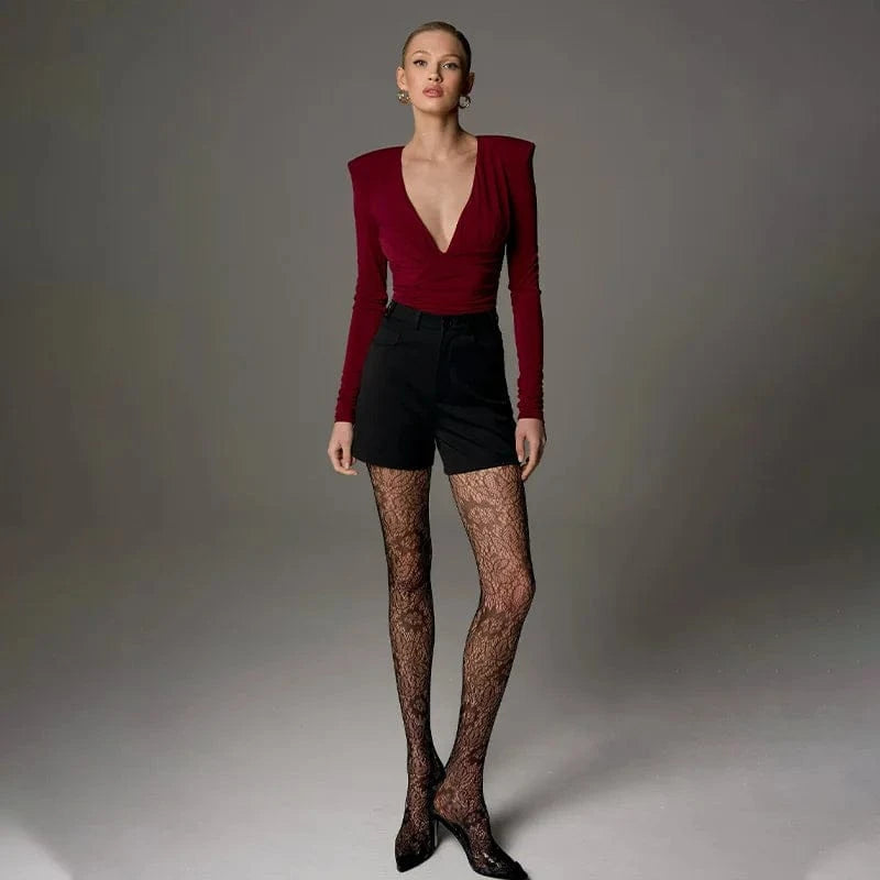 Ahagaga Fashion Women's Bodysuits Solid Regular Long Sleeves Deep V-Neck Basic Tops Skinny Streetwear Slim Fit Female T Shirts - A-1 Thread Vault