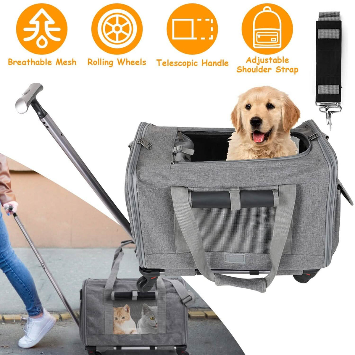 Airline Approved Rolling Pet Carrier with Telescopic Handle Shoulder Strap - A-1 Thread Vault