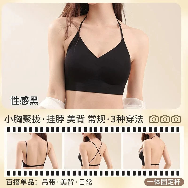 American Style Backless Bra Or Women Multiway Halter Bralette Push Up Small Chest Gather Sexy Cross U Back No Underwire Seamless - A-1 Thread Vault