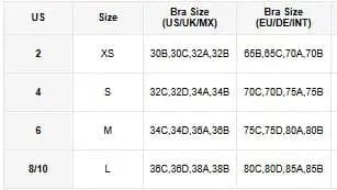A size chart table displays US, size, and bra size conversions for US, UK, MX, EU, DE, and international standards.