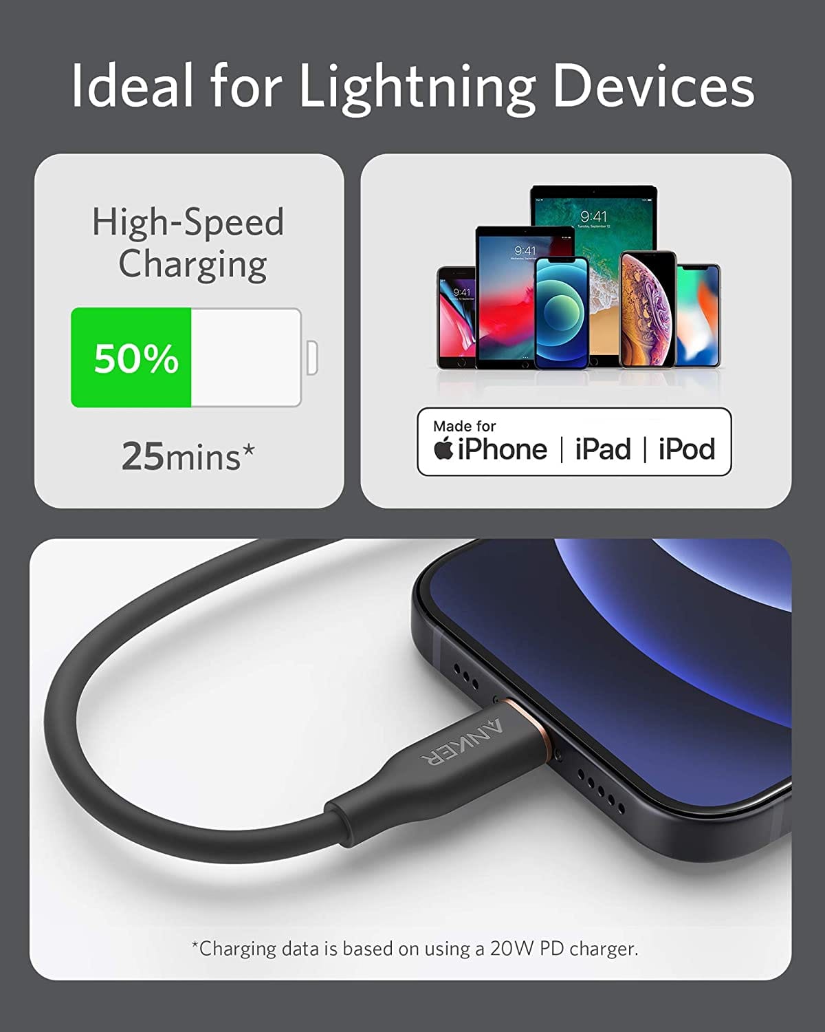 Anker <b>641</b> USB-C to Lightning Cable (Flow, 3 ft Silicone) - A-1 Thread Vault