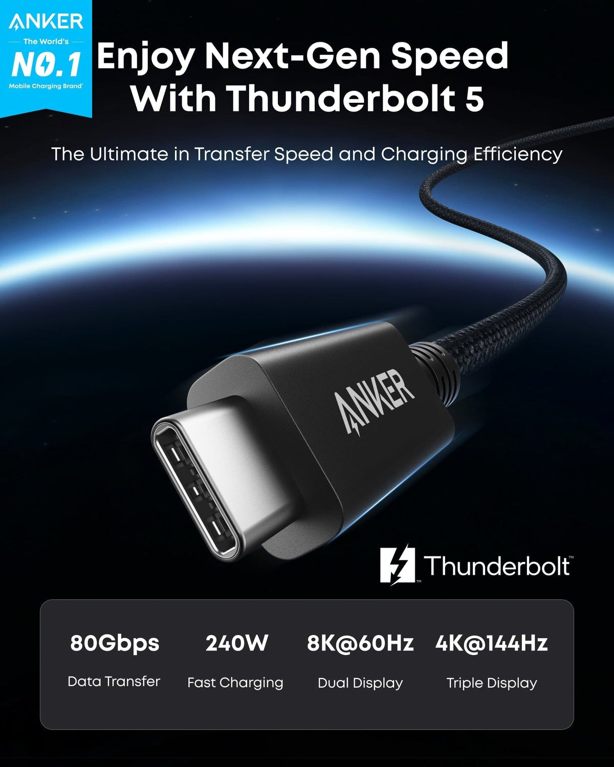 Anker Prime Thunderbolt 5 Cable (3.3 ft / 1.7 ft, 80 Gbps, 240W) - A-1 Thread Vault