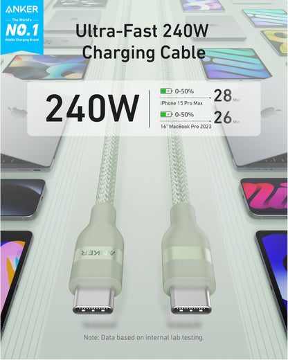 Anker USB-C to USB-C Cable (3 ft / 6 ft, 240W, Upcycled-Braided) - A-1 Thread Vault