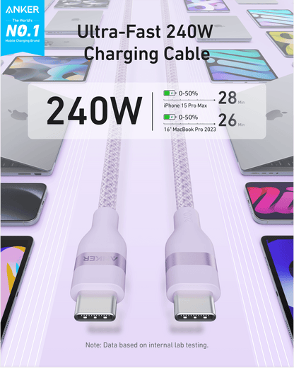 Anker USB-C to USB-C Cable (3 ft / 6 ft, 240W, Upcycled-Braided) - A-1 Thread Vault